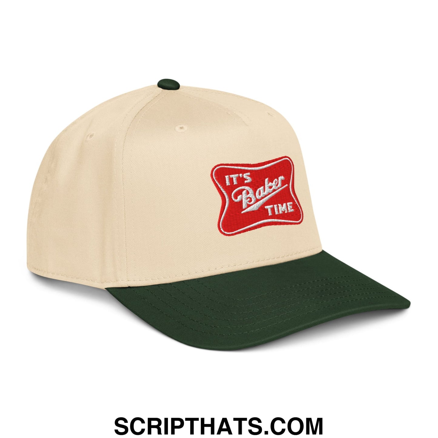 It’s baker time embroidered baseball snapback hat in beige and dark green with red patch and white cursive text