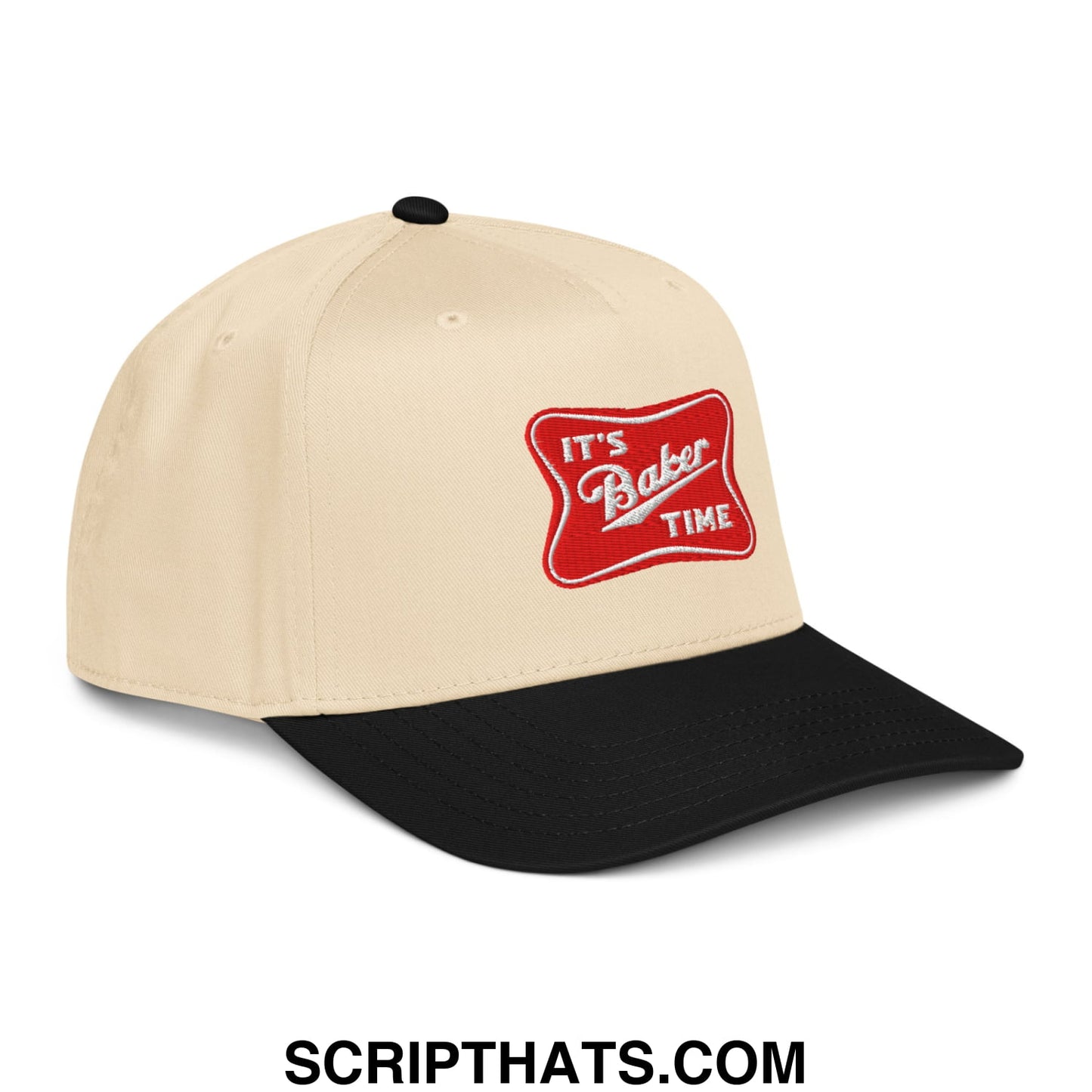 Beige and black embroidered baseball snapback hat with red patch reading its baker time in white script