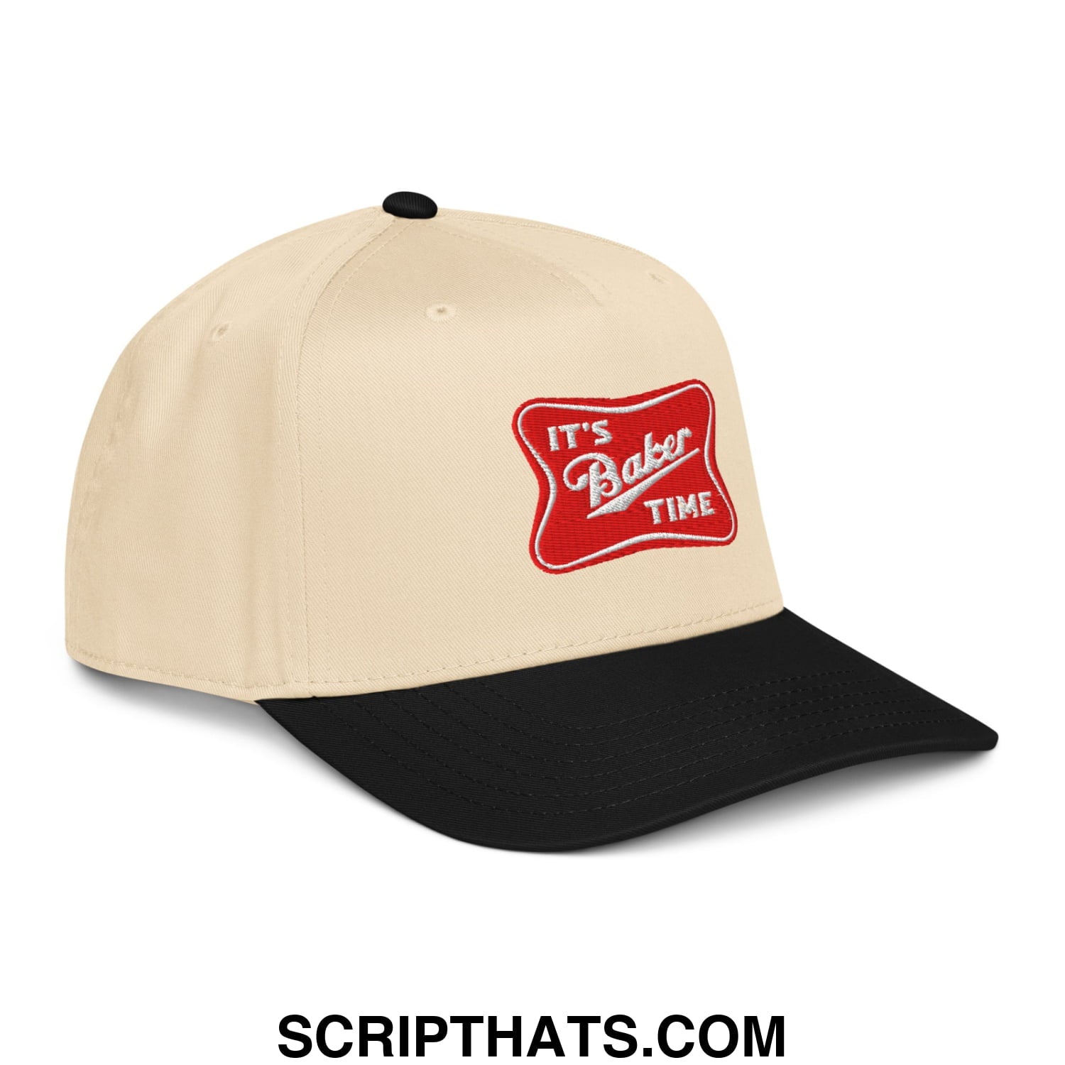 Beige and black embroidered baseball snapback hat with red patch reading its baker time in white script
