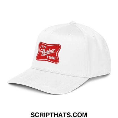 White baseball snapback hat with red embroidered patch featuring the text its baker time in white script