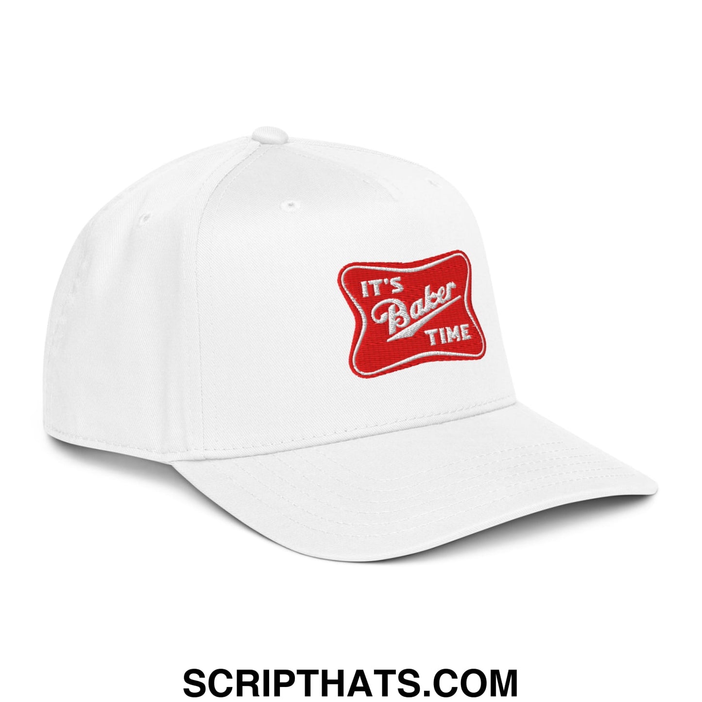 White embroidered baseball snapback hat featuring a red patch with white it’s baker time script text