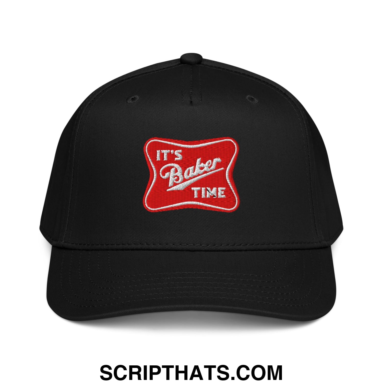 Black embroidered baseball snapback hat with red patch featuring white script text its baker time