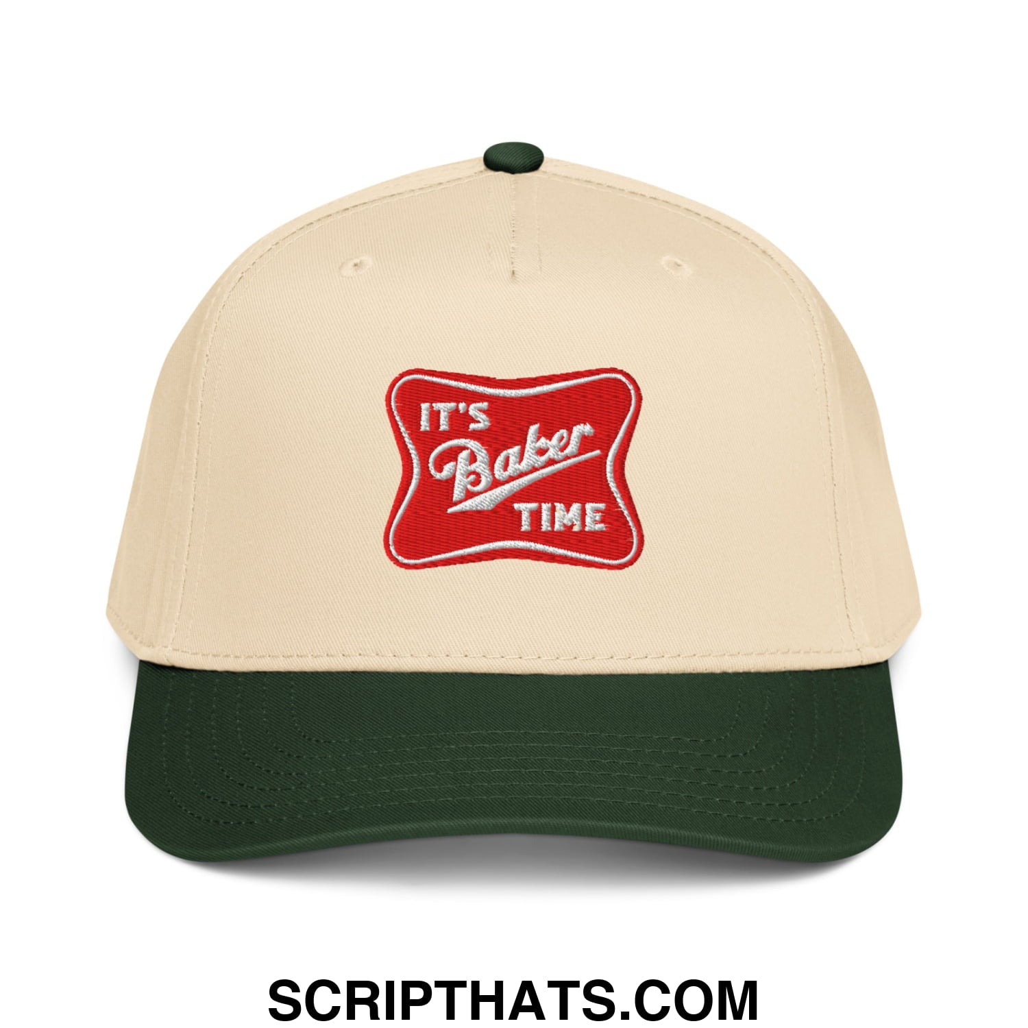 Beige and dark green baseball snapback hat with red embroidered patch reading its baker time in white cursive text