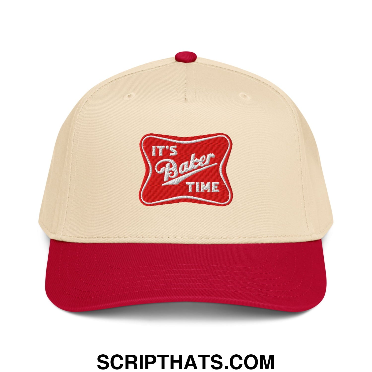 Cream-colored baseball snapback hat with red brim and button featuring embroidered its baker time patch in white script