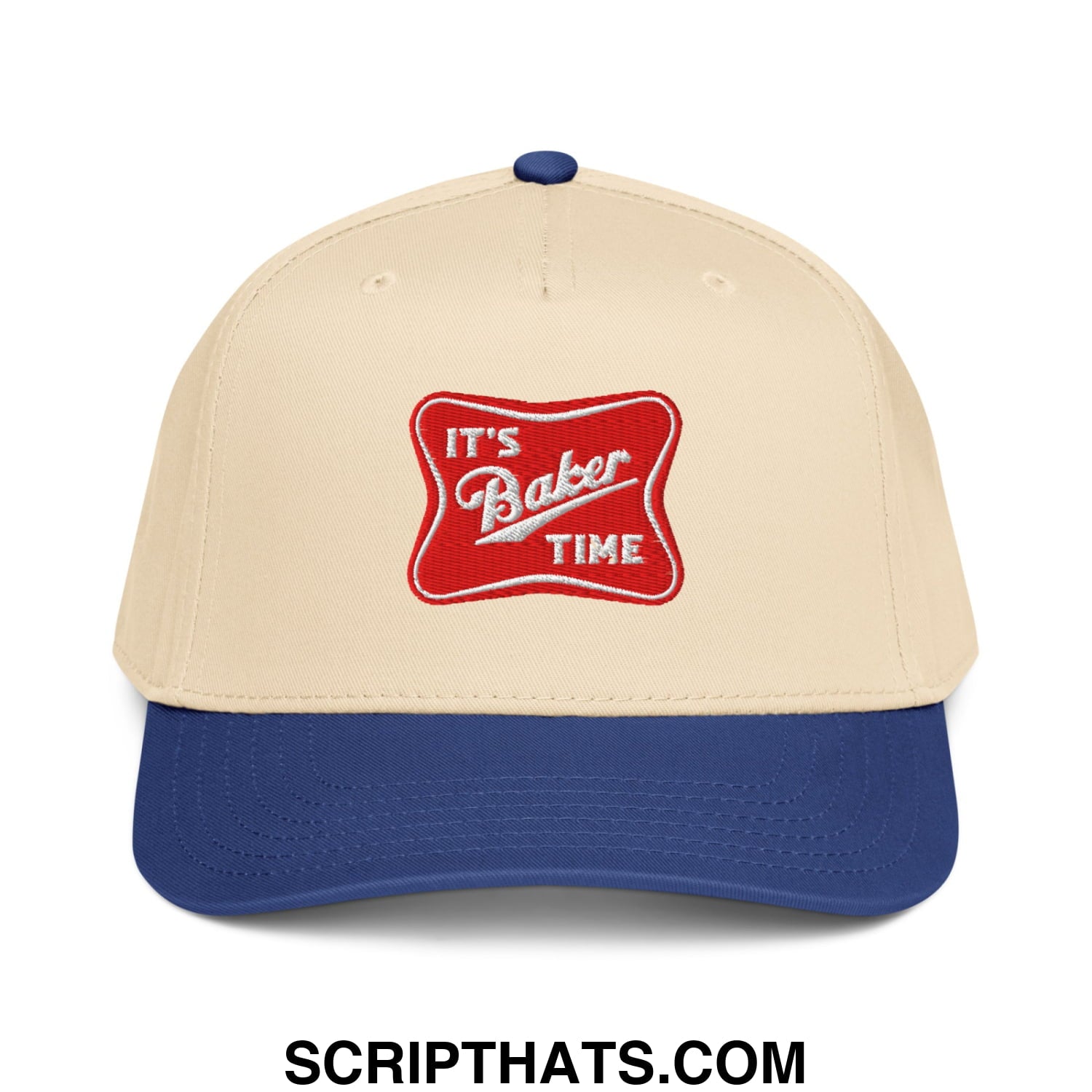 Beige and blue baseball snapback hat with a red embroidered patch reading its baker time in white script