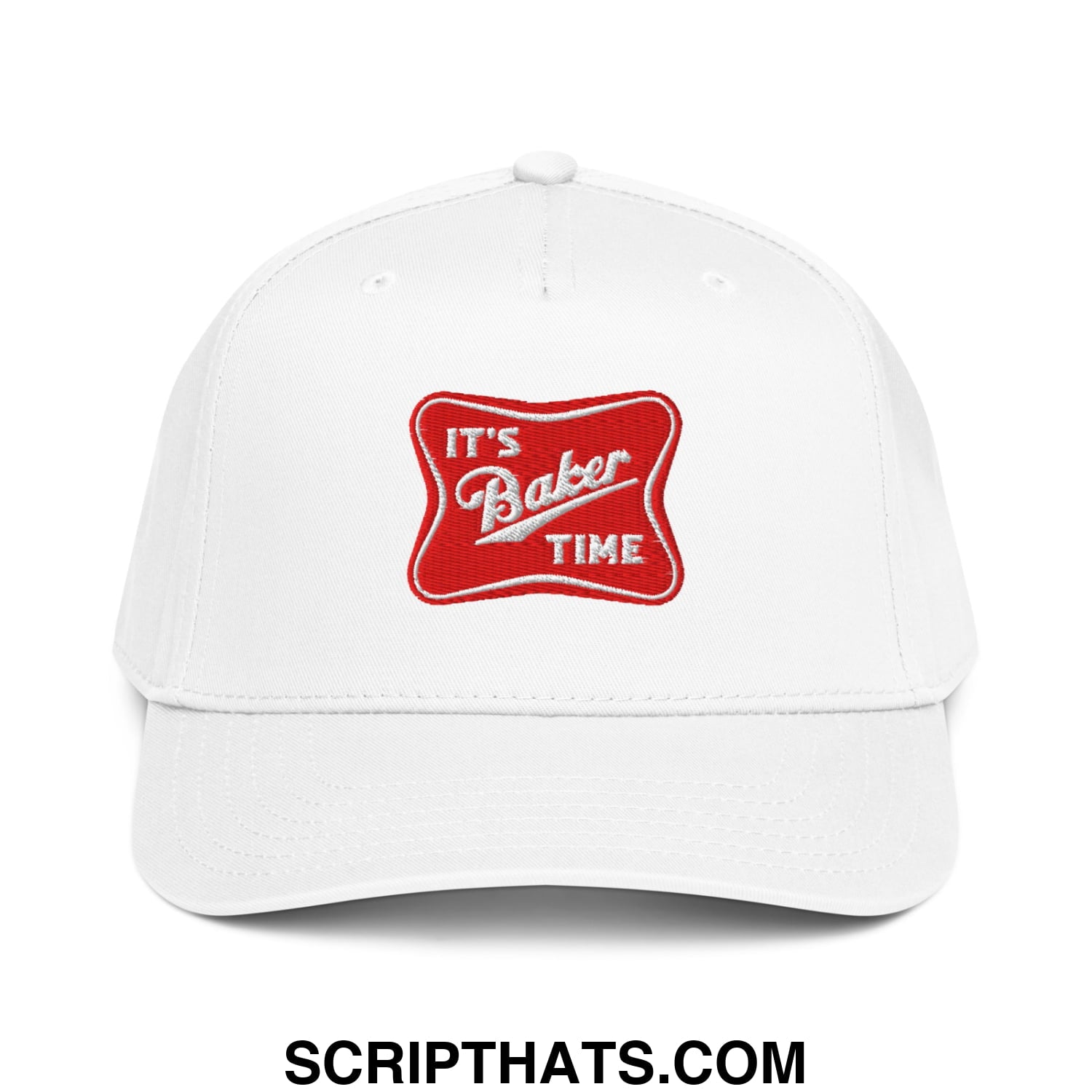 White baseball snapback hat with red embroidered patch featuring the text its baker time in white script
