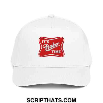 White baseball snapback hat with red embroidered patch featuring the text its baker time in white script