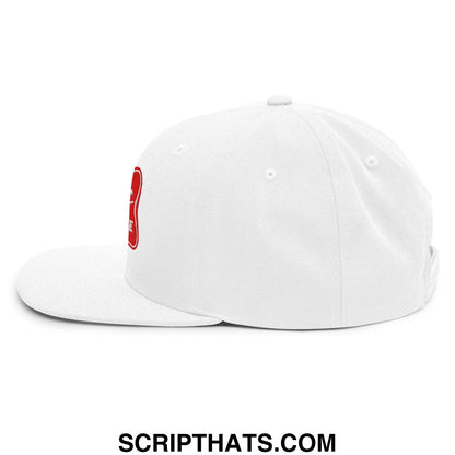 White snapback cap with red embroidered its baker time logo on the side and flat bill brim for casual wear