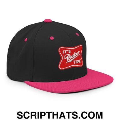It's Baker Time Embroidered Flat Bill Brim Snapback Hat Black Neon Pink