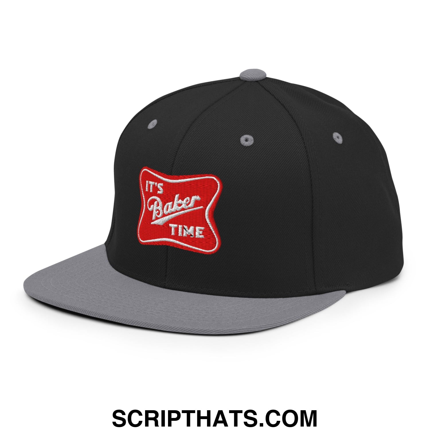 Black and gray snapback cap with red embroidered patch reading its baker time white script flat bill brim