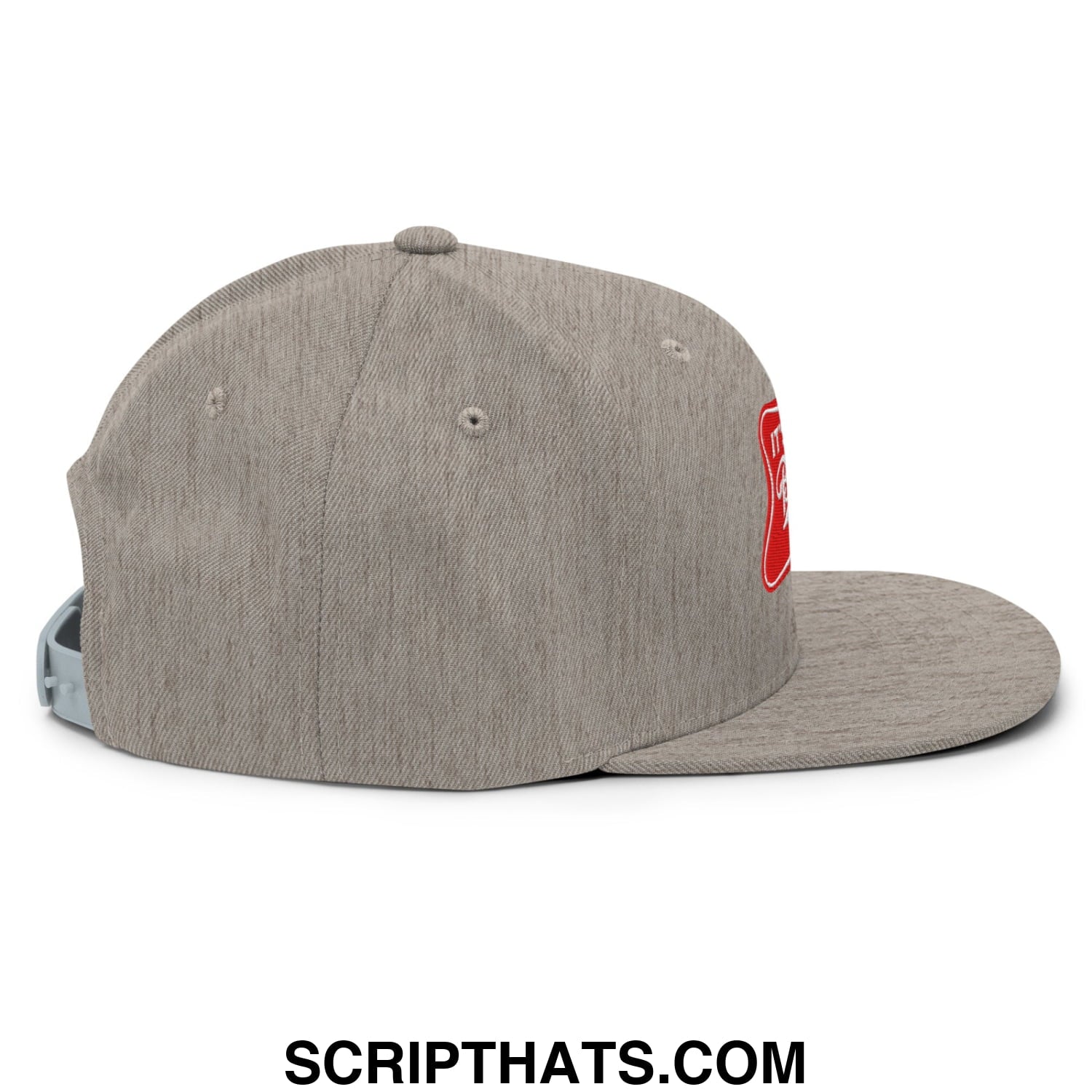 Gray heathered snapback hat with red embroidered logo on the side flat bill brim it’s baker time embroidered design