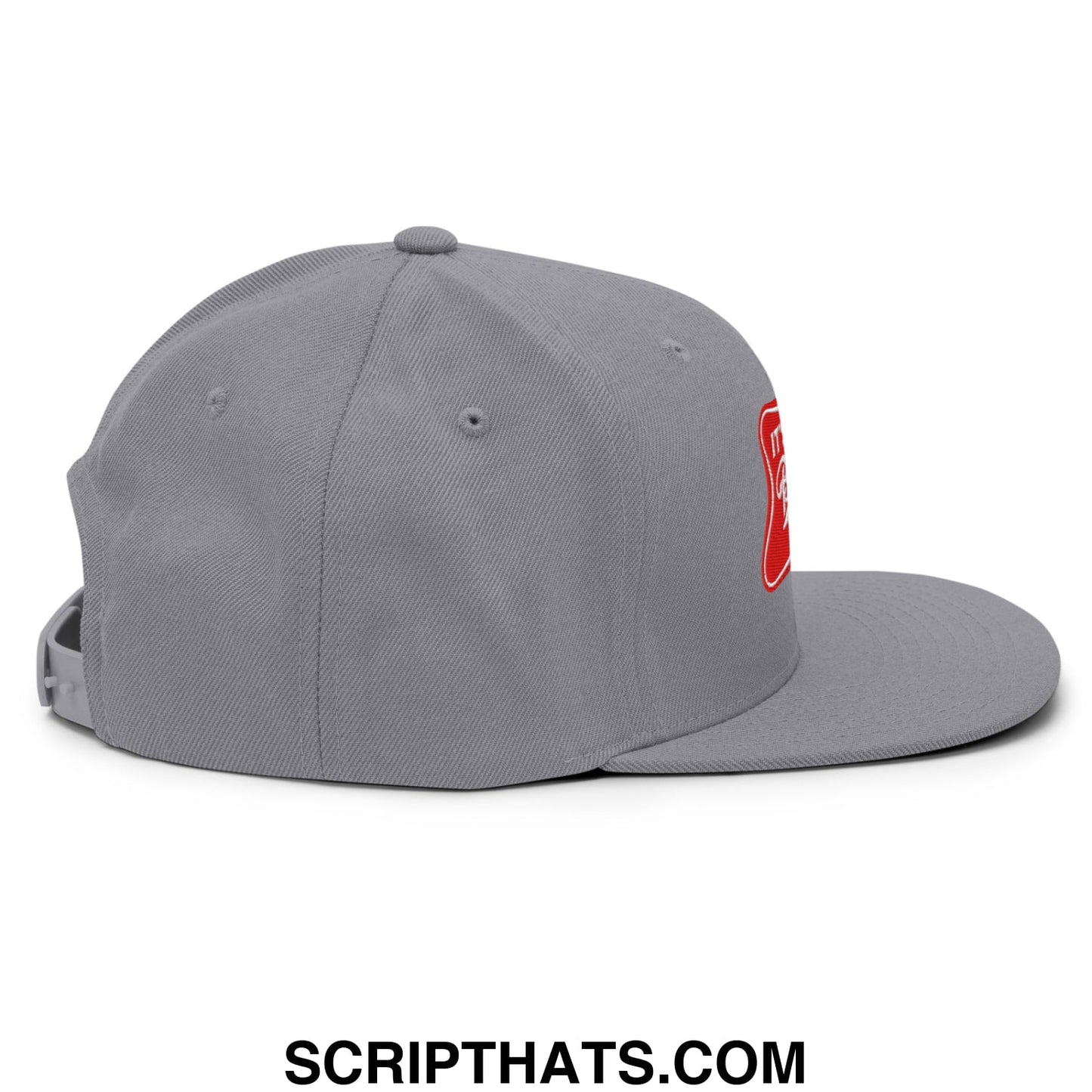 Gray snapback cap with a red embroidered logo on the side featuring a flat bill brim from it’s baker time collection