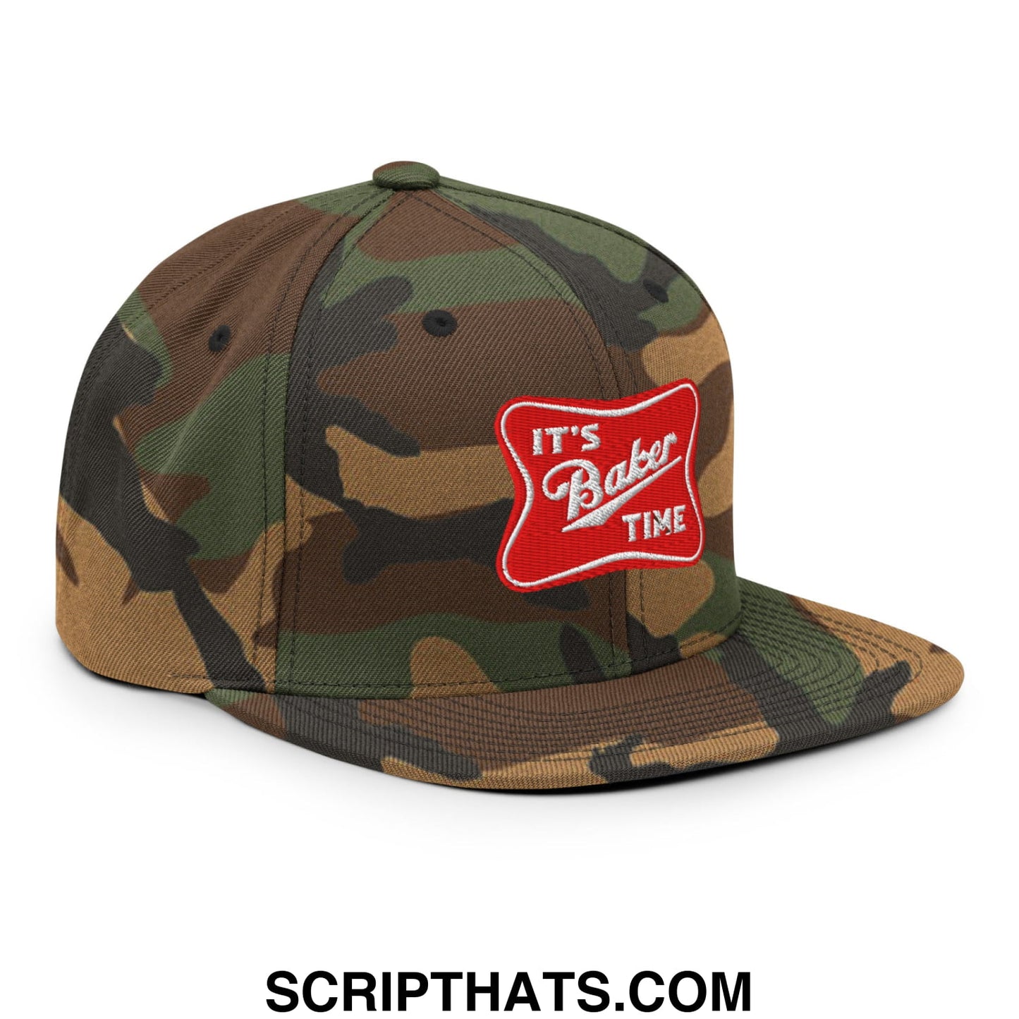 Camouflage snapback cap with red embroidered patch reading its baker time flat bill brim hat front view