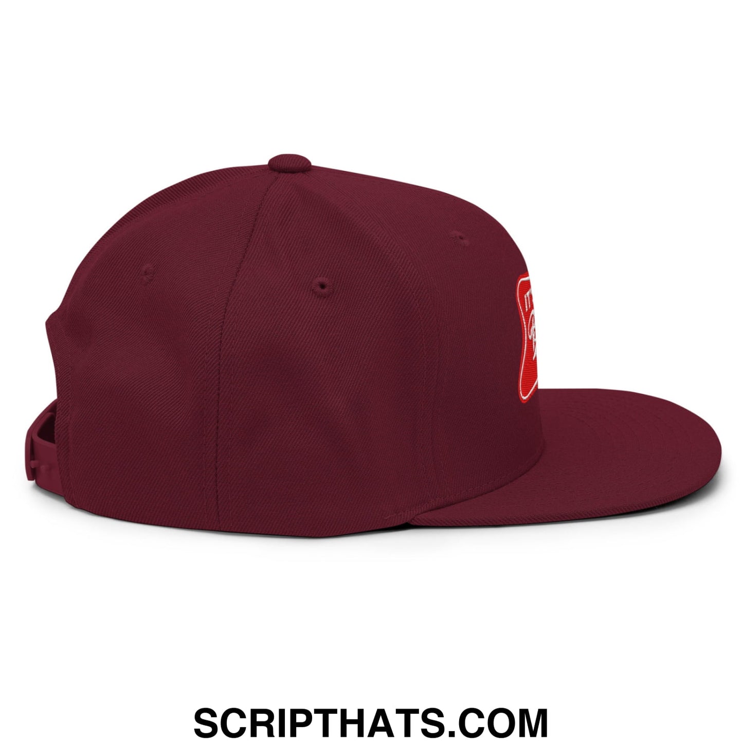 Maroon flat bill snapback cap with red embroidered it’s baker time logo on the side for casual wear