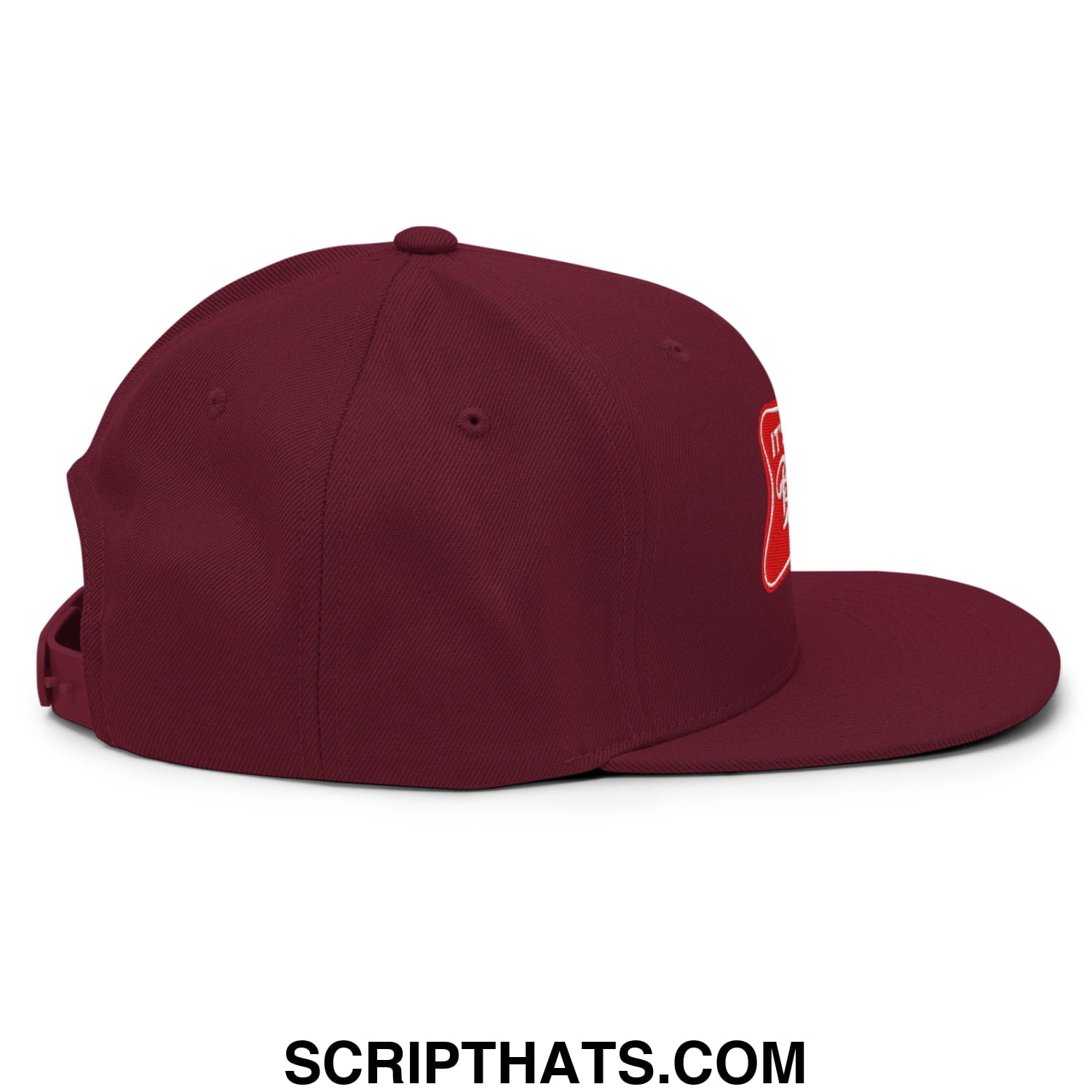 Maroon flat bill snapback cap with red embroidered it’s baker time logo on the side for casual wear