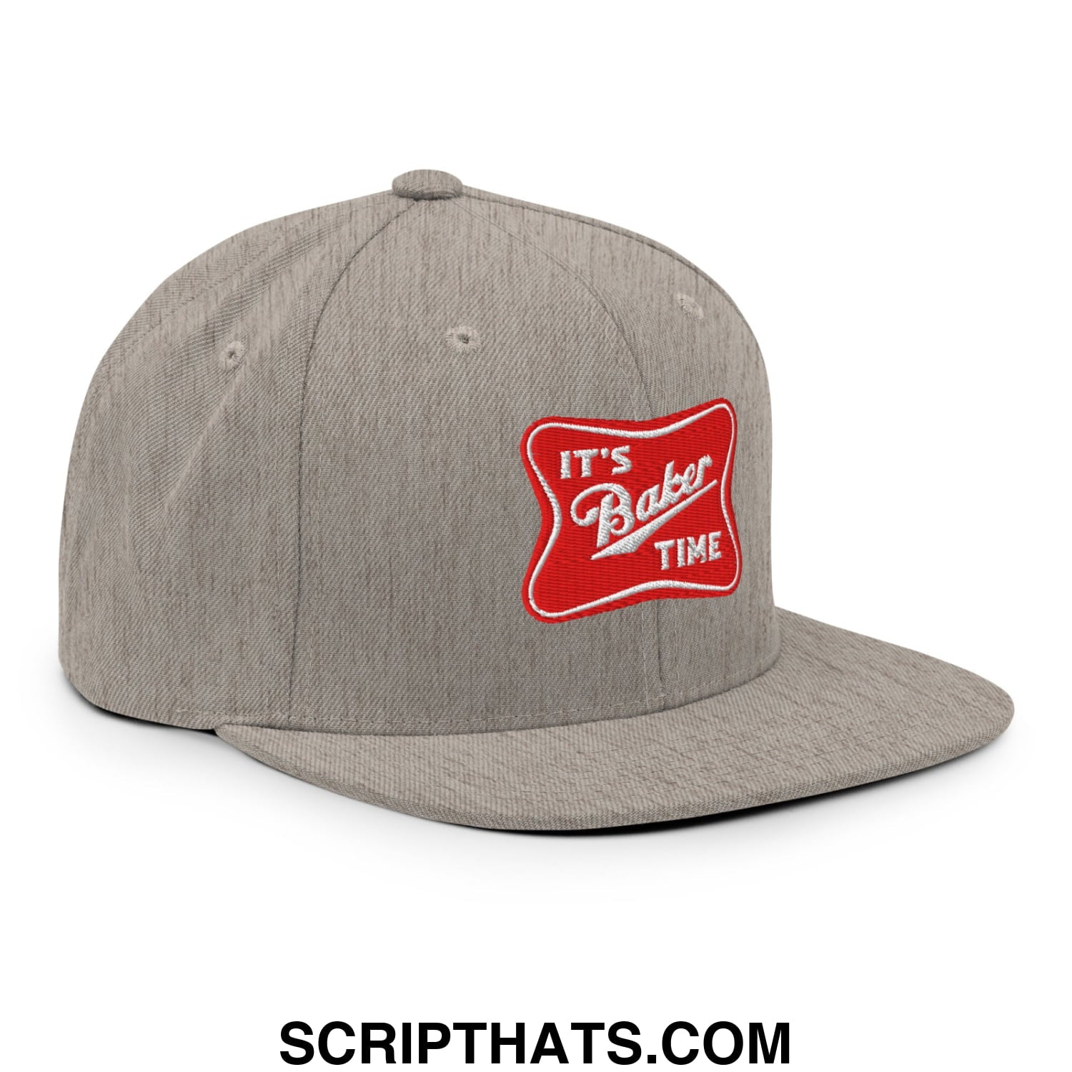 Gray heathered snapback cap with red embroidered patch reading its baker time flat bill brim hat