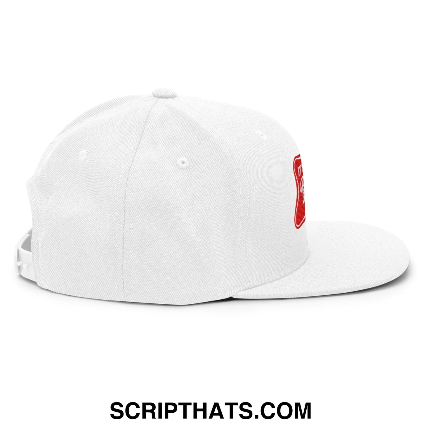 White snapback cap with a red embroidered logo on the side from the It’s Baker Time flat bill brim snapback hat collection
