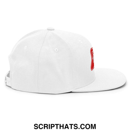 White snapback cap with a red embroidered logo on the side from the It’s Baker Time flat bill brim snapback hat collection