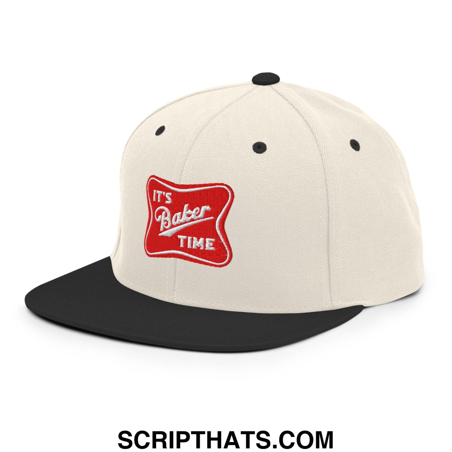 Cream-colored snapback hat with black brim and embroidered red patch reading its baker time in white script