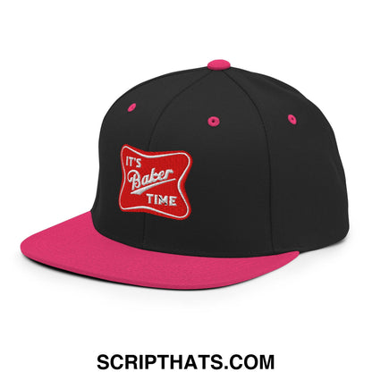 Black and pink snapback hat with red embroidered patch reading its baker time on flat bill brim