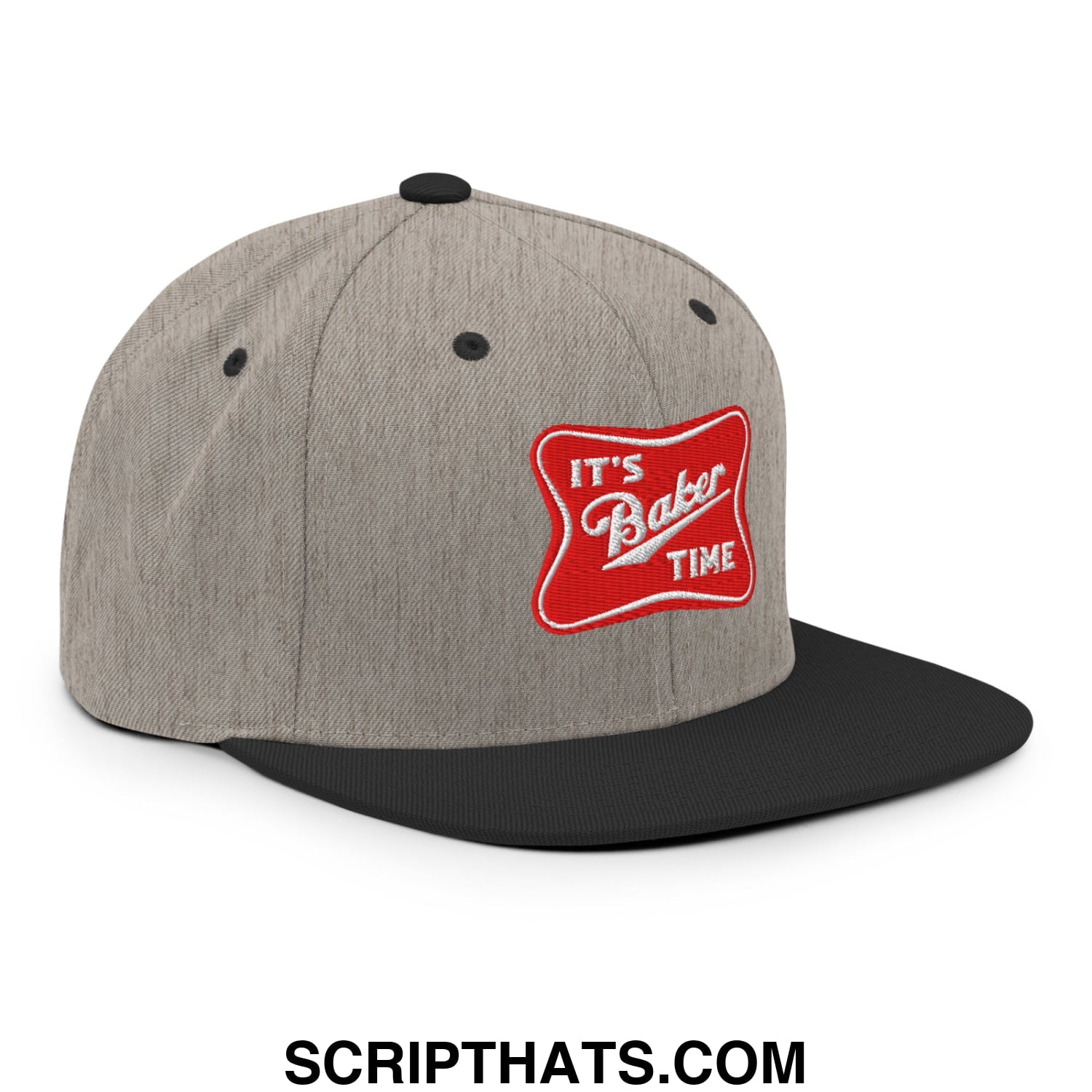 Gray and black snapback hat with red embroidered patch reading its baker time in white script on flat bill brim