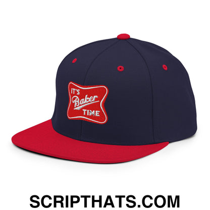 It's Baker Time Embroidered Flat Bill Brim Snapback Hat Navy Red