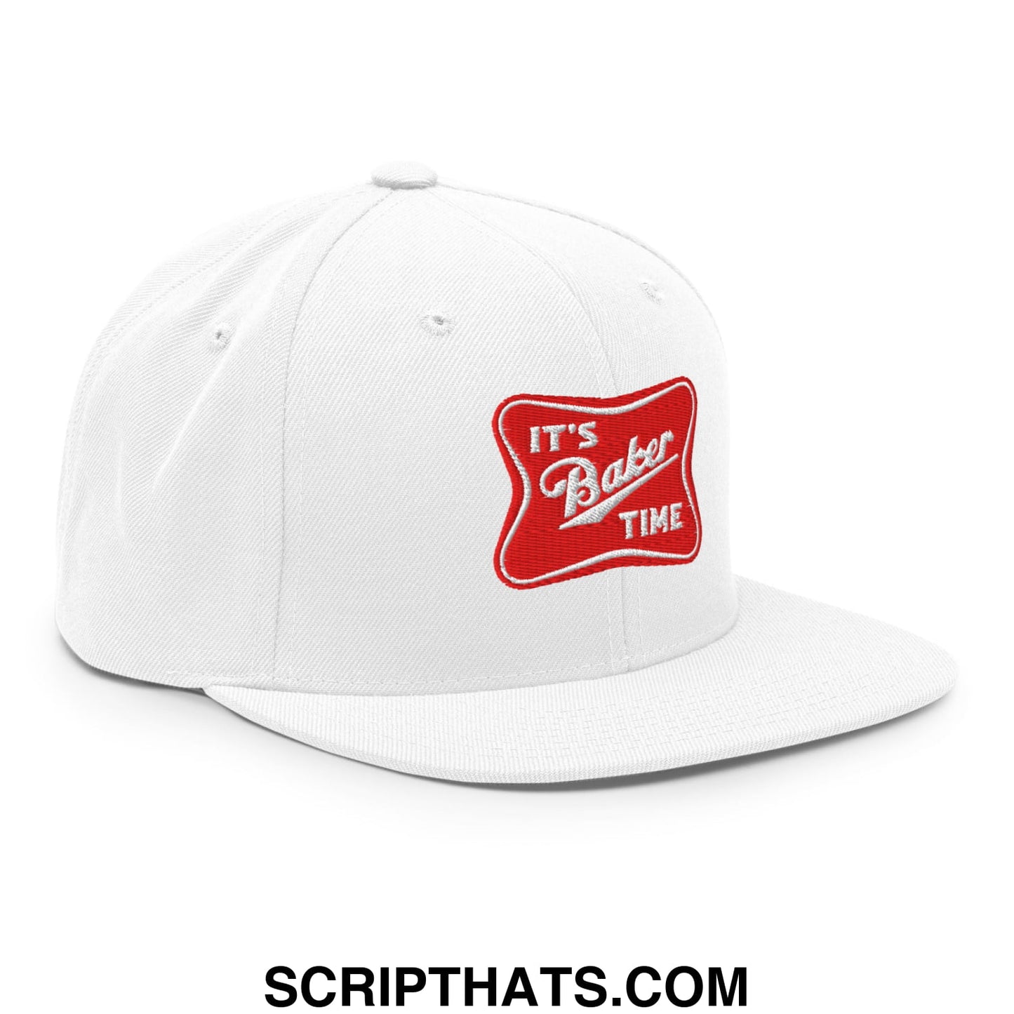 White snapback cap with a flat bill brim featuring a red embroidered patch with its baker time text in white script
