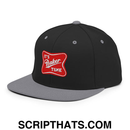 It's Baker Time Embroidered Flat Bill Brim Snapback Hat Black Silver