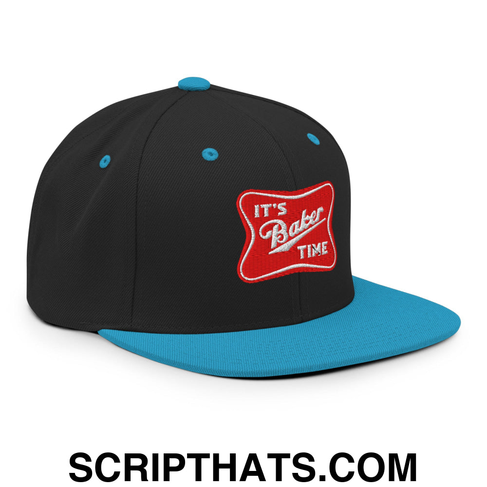 It's Baker Time Embroidered Flat Bill Brim Snapback Hat Black Teal