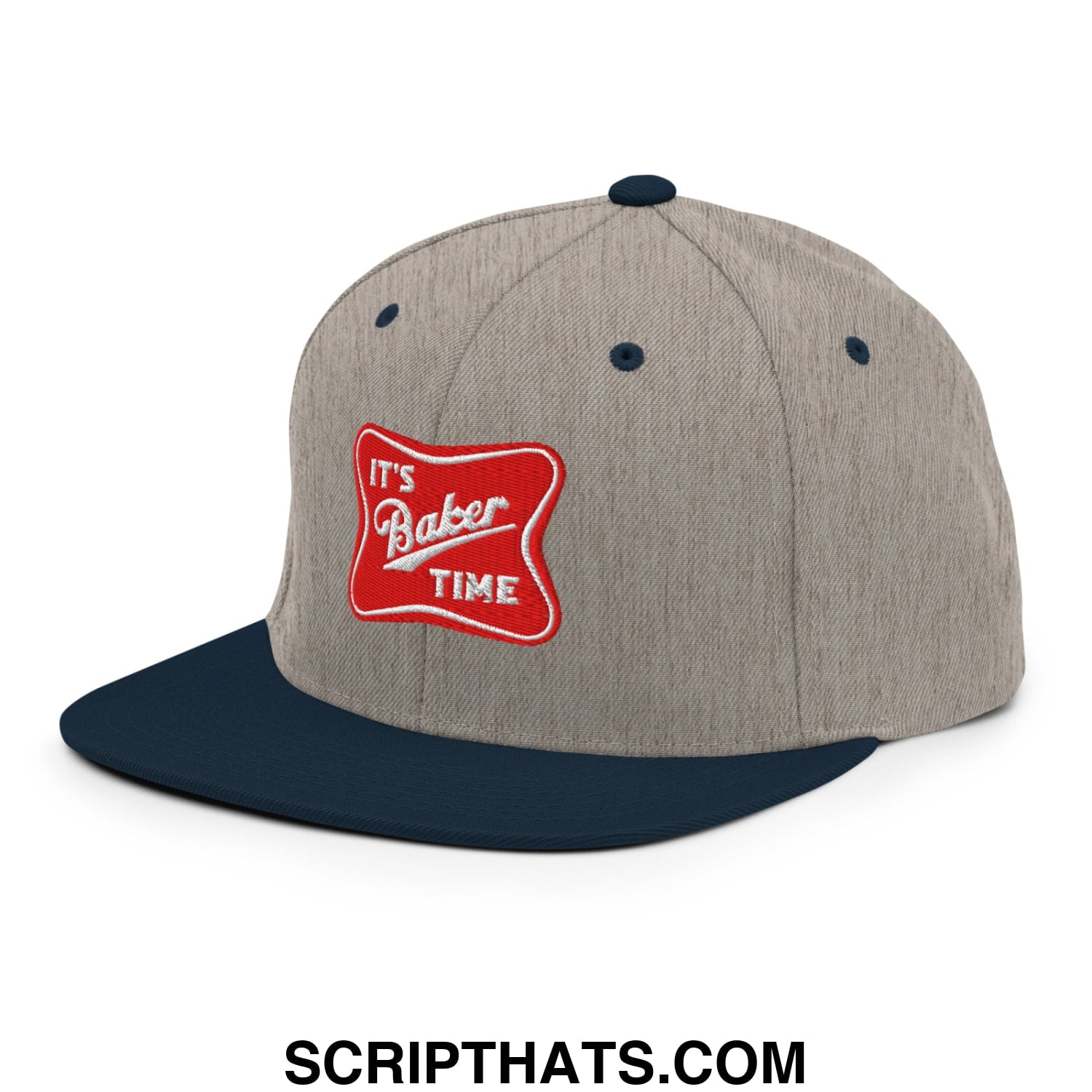 Gray and navy blue snapback cap with red embroidered patch reading its baker time flat bill brim hat