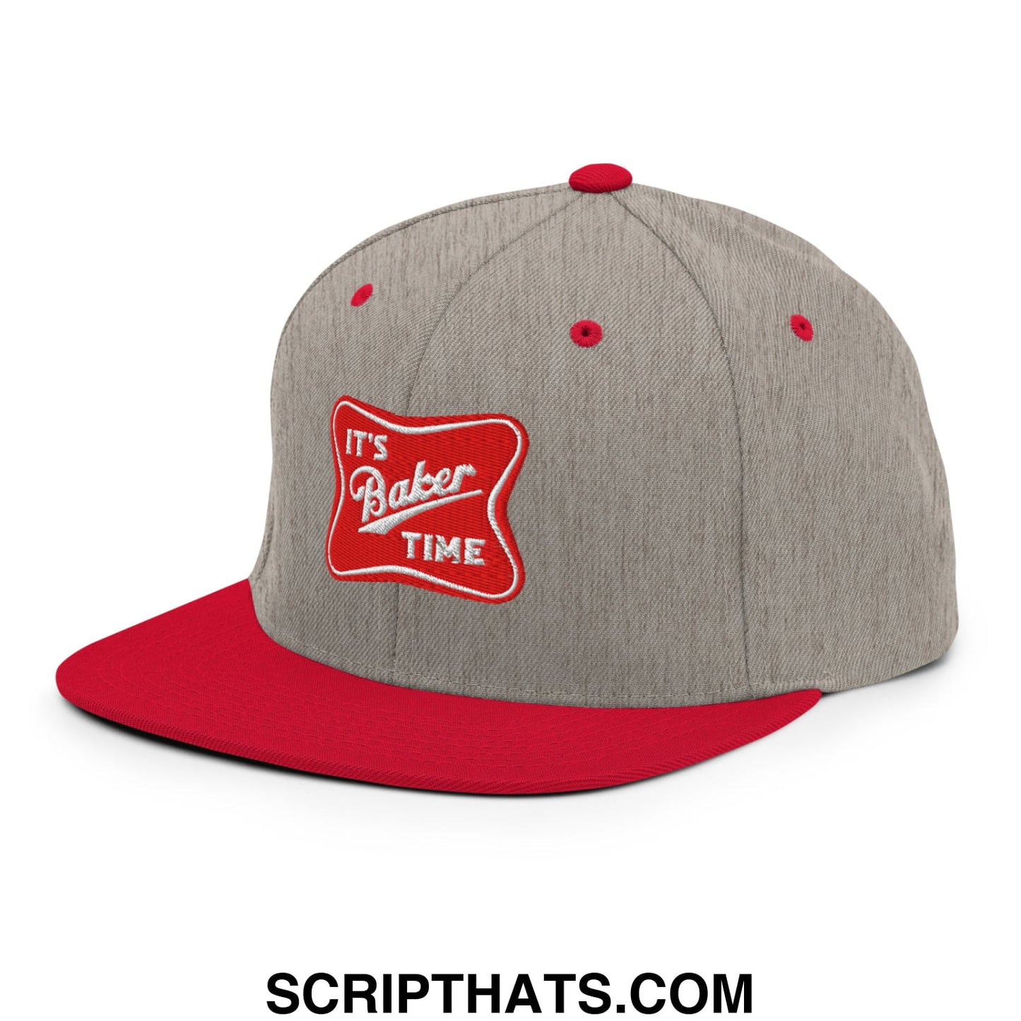 Gray and red flat bill brim snapback hat with it’s baker time embroidered patch and adjustable closure