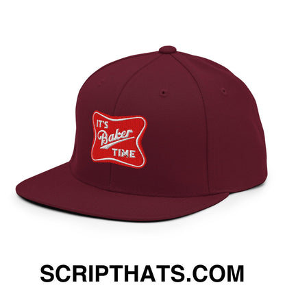 It's Baker Time Embroidered Flat Bill Brim Snapback Hat Maroon