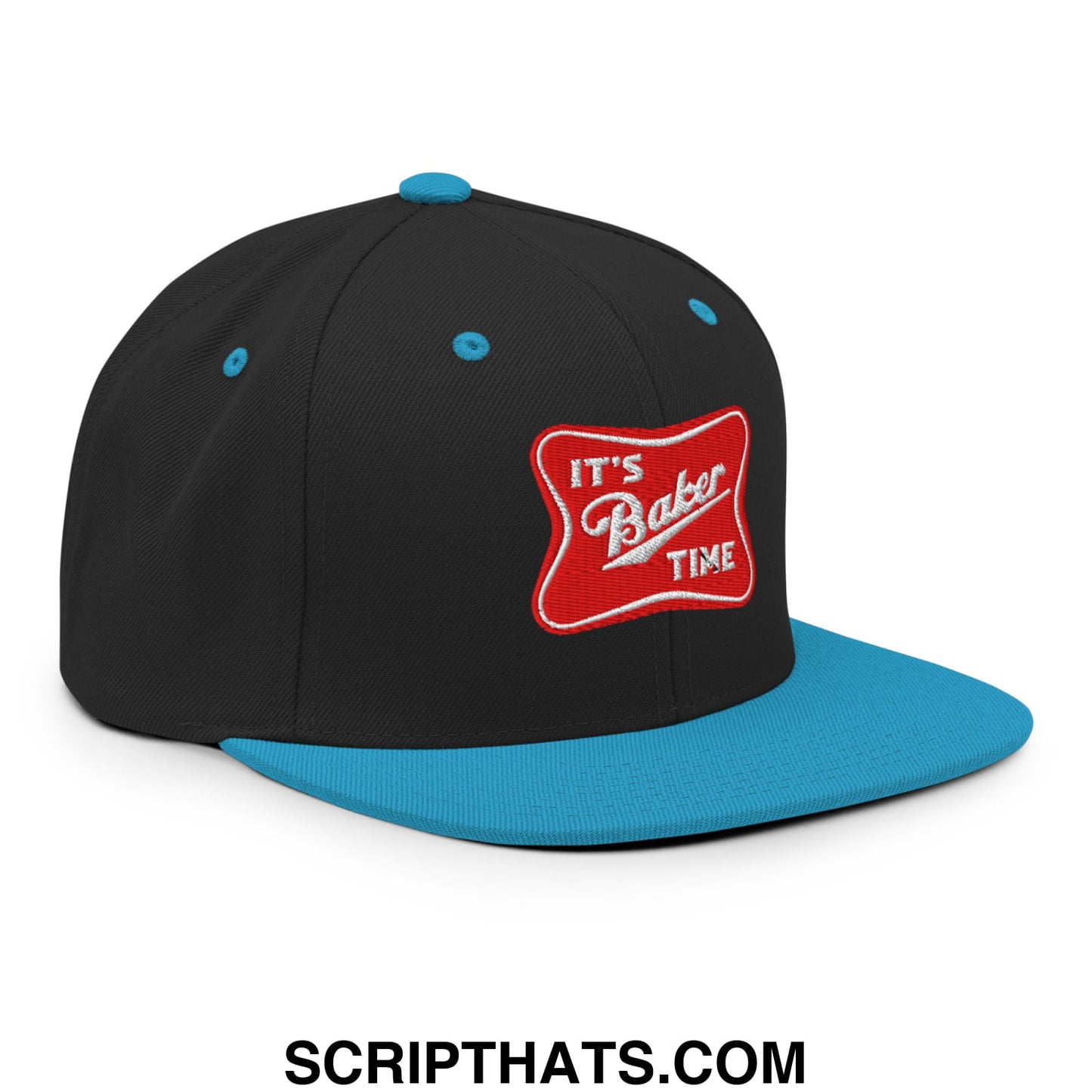 Black and teal snapback cap with red embroidered patch reading its baker time in white script on flat bill brim