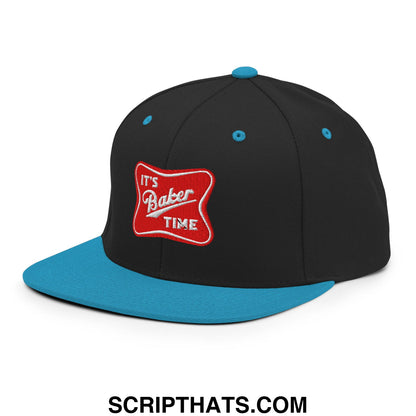 Black and teal snapback hat with red embroidered patch reading its baker time on the front flat bill brim