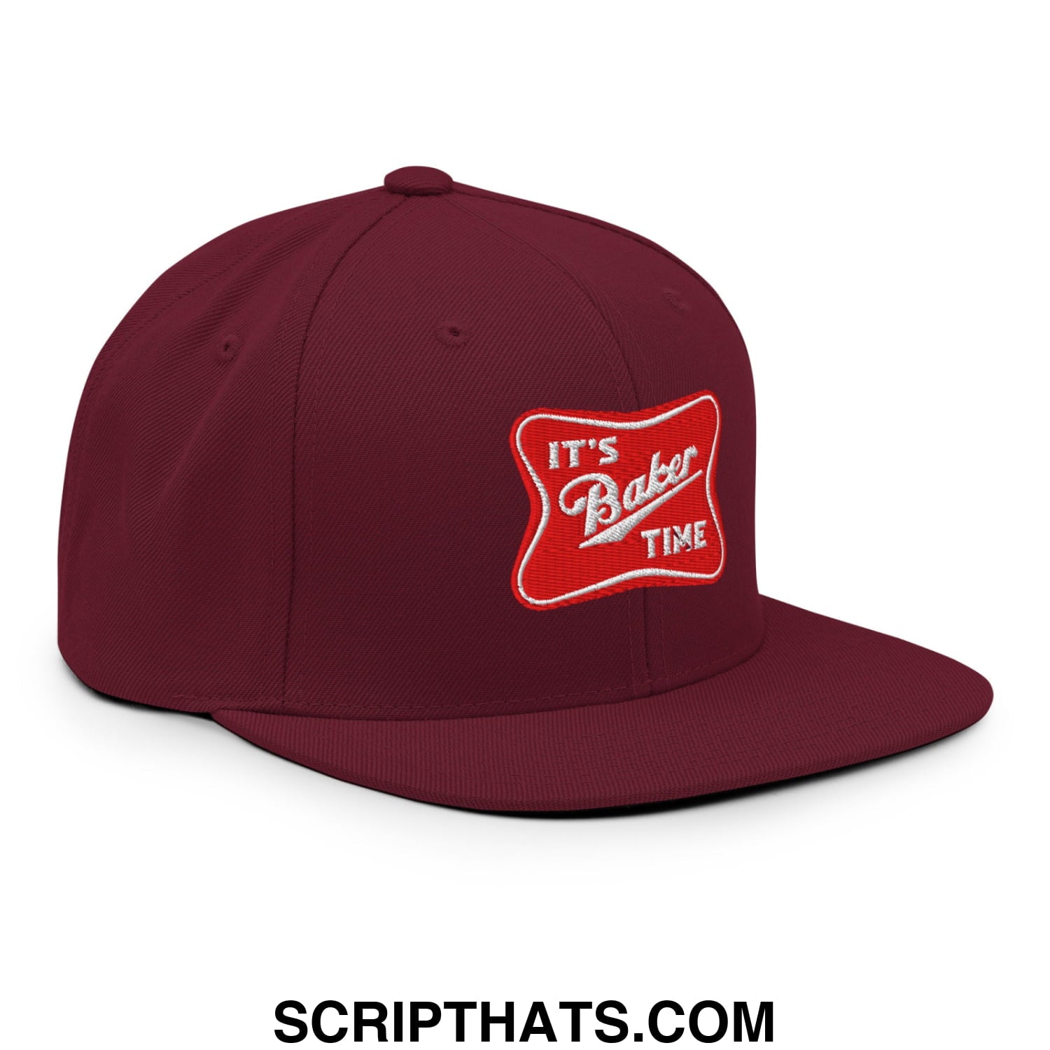 Maroon it’s baker time embroidered flat bill brim snapback hat with a red patch and white script detailing