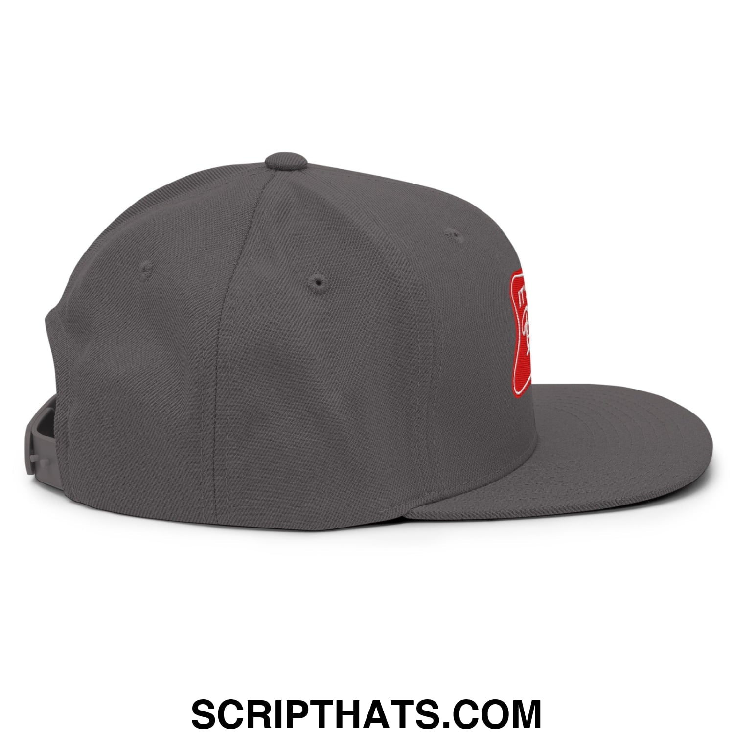 Gray snapback cap with a red embroidered logo on the side from its baker time embroidered flat bill brim snapback hat collection