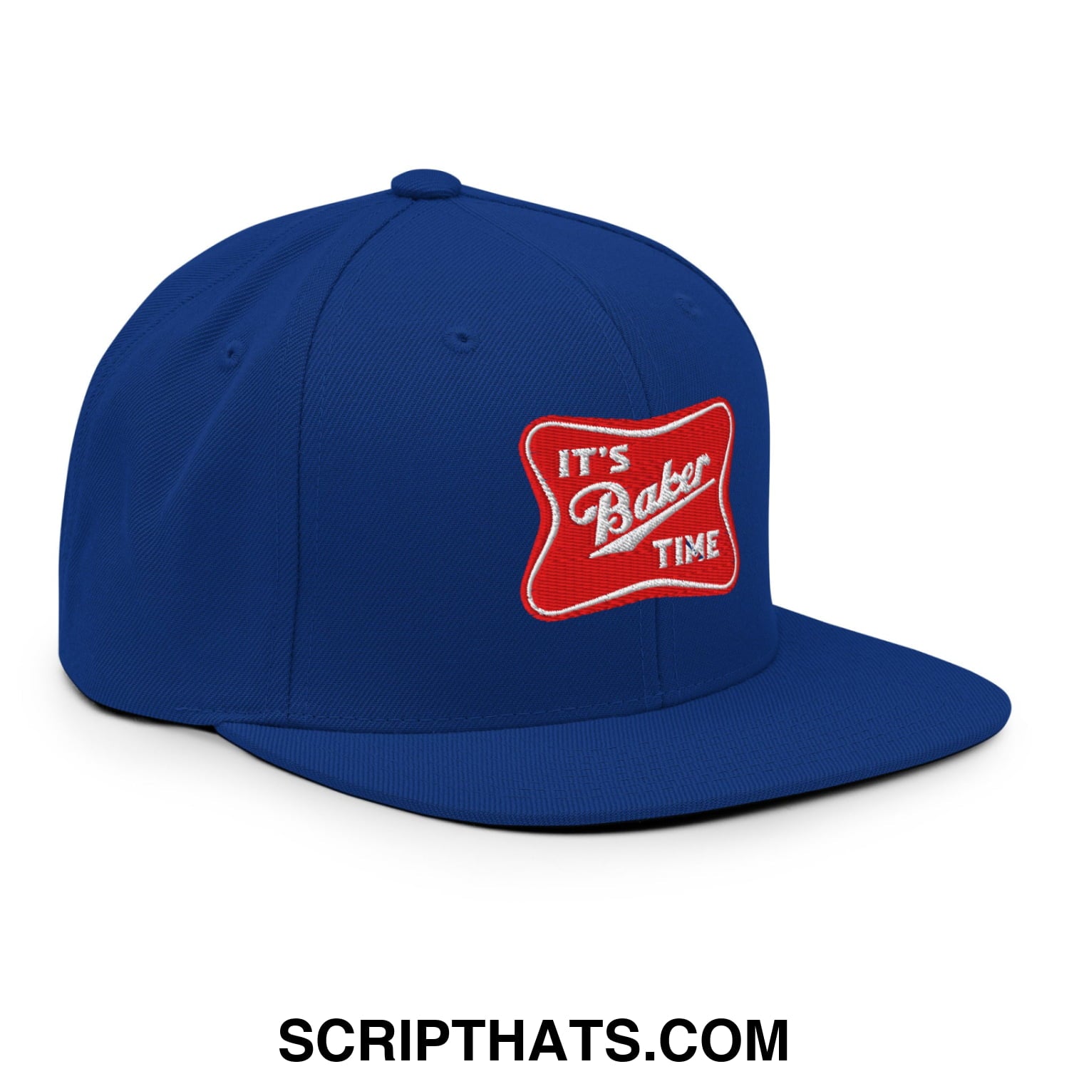 Royal blue snapback cap with red embroidered patch and white cursive text its baker time flat bill brim design