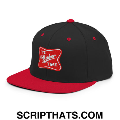 It's Baker Time Embroidered Flat Bill Brim Snapback Hat Black Red