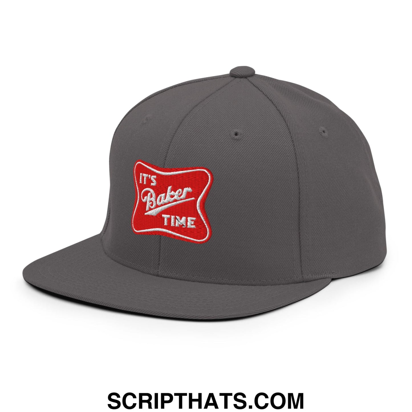 Gray snapback hat with flat bill brim featuring a red embroidered patch with white cursive text its baker time