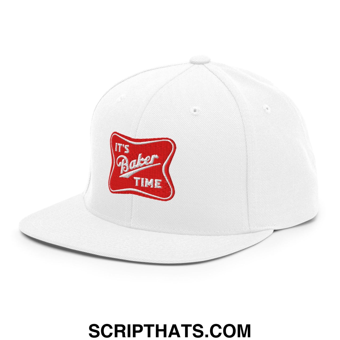 White snapback cap with red embroidered patch featuring it’s baker time in white script flat bill brim hat
