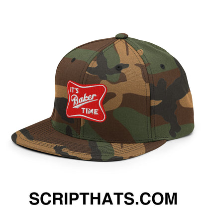 It's Baker Time Embroidered Flat Bill Brim Snapback Hat Green Camo