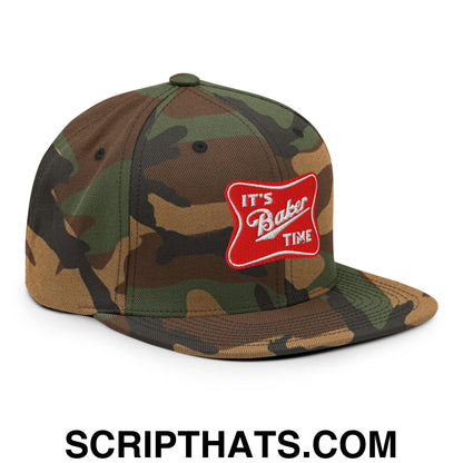 It's Baker Time Embroidered Flat Bill Brim Snapback Hat Green Camo