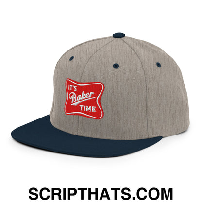 It's Baker Time Embroidered Flat Bill Brim Snapback Hat Heather Grey Navy