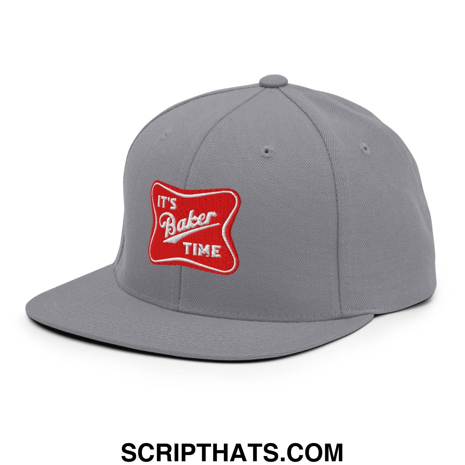 Gray snapback cap with a red embroidered patch reading its baker time and a flat bill brim design