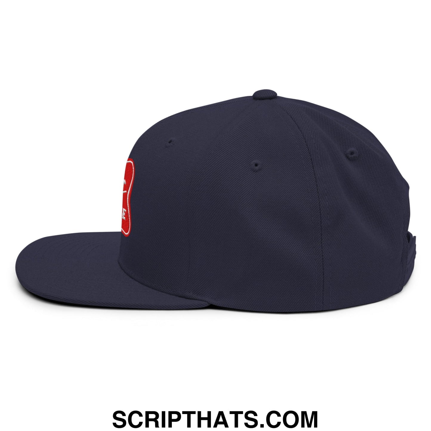 Dark navy flat bill brim snapback hat with red embroidered logo on the side branded it’s baker time