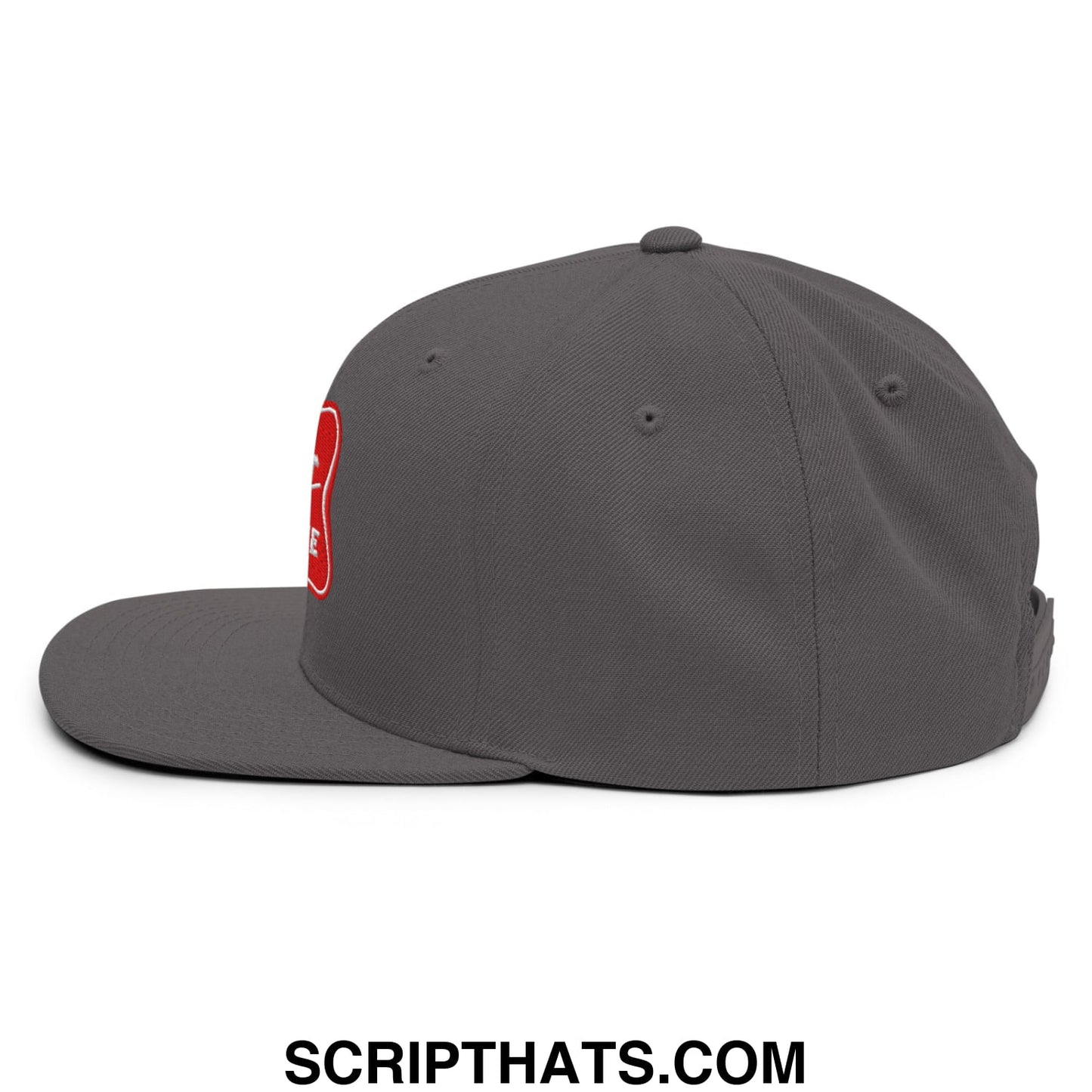 Dark gray snapback cap with red embroidered logo on the side from the It’s Baker Time flat bill brim hat collection