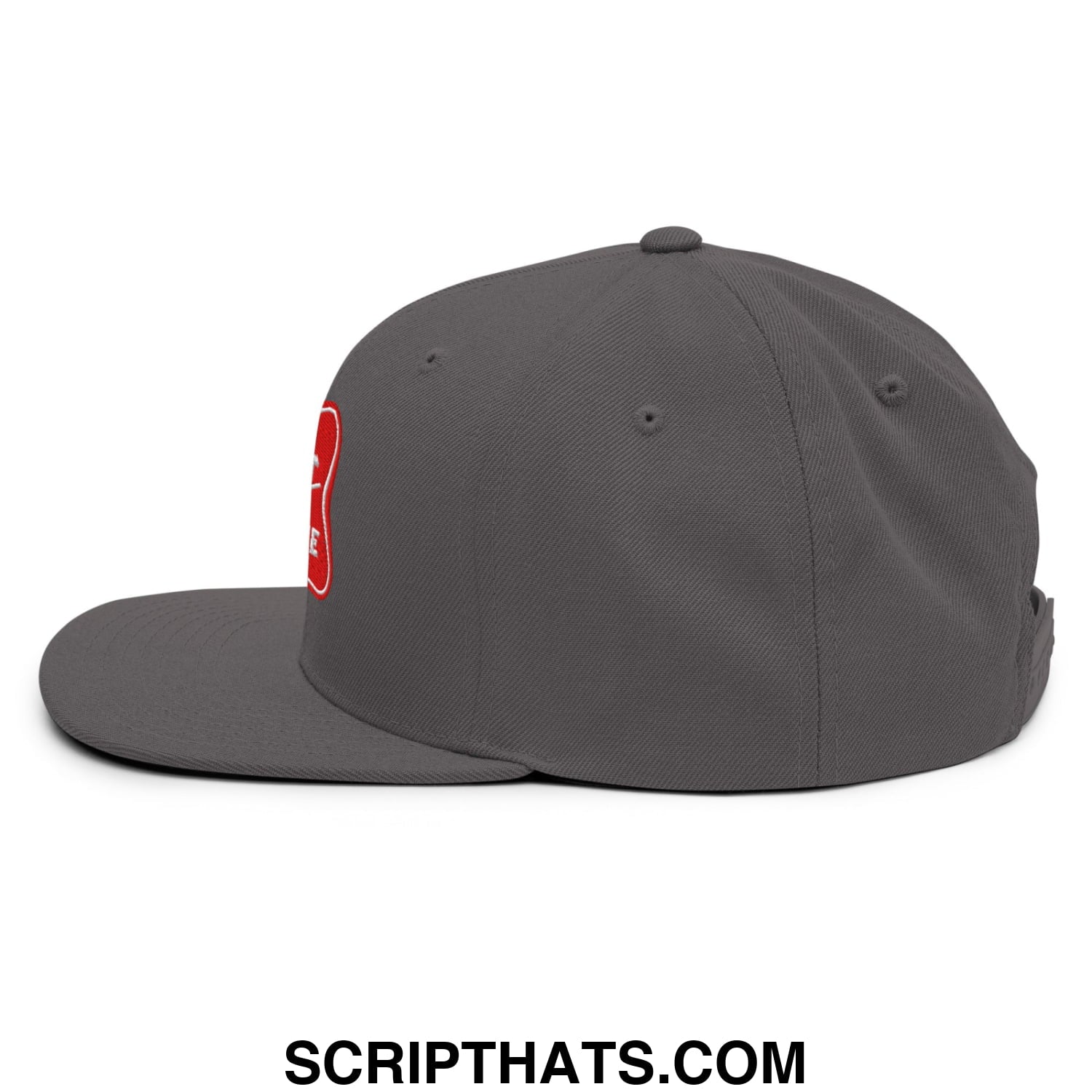 Dark gray snapback cap with red embroidered logo on the side from the It’s Baker Time flat bill brim hat collection