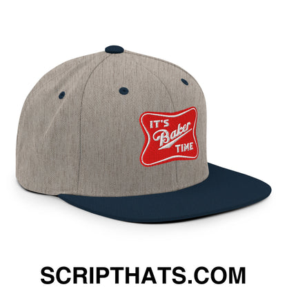 It's Baker Time Embroidered Flat Bill Brim Snapback Hat Heather Grey Navy