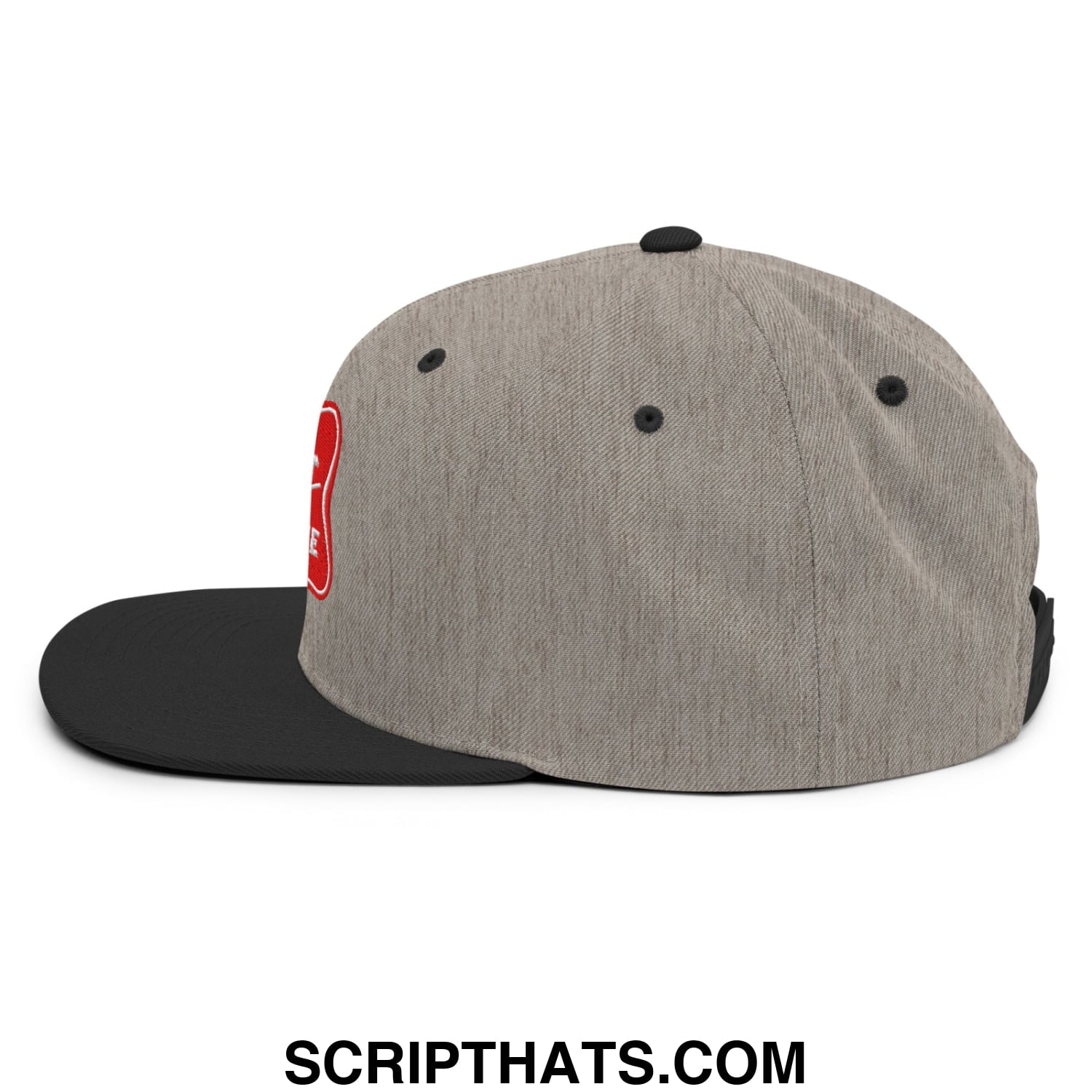 Gray and black snapback hat with red embroidered it’s baker time logo on the side and flat bill brim