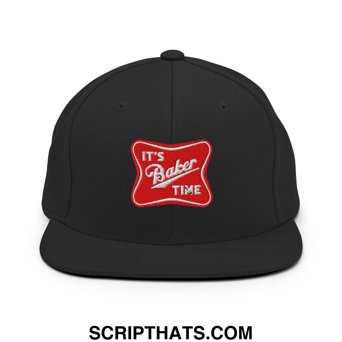 Black snapback cap with red embroidered patch reading its baker time featuring a flat bill brim design